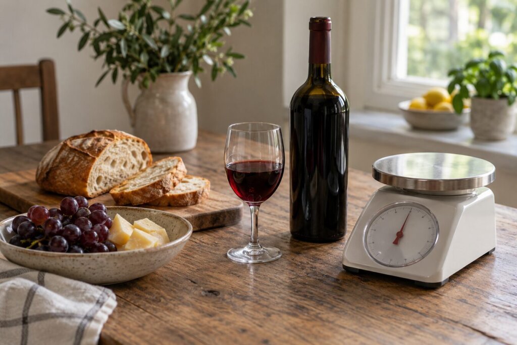 Verre de vin rouge près d'une bouteille et d'une balance de cuisine