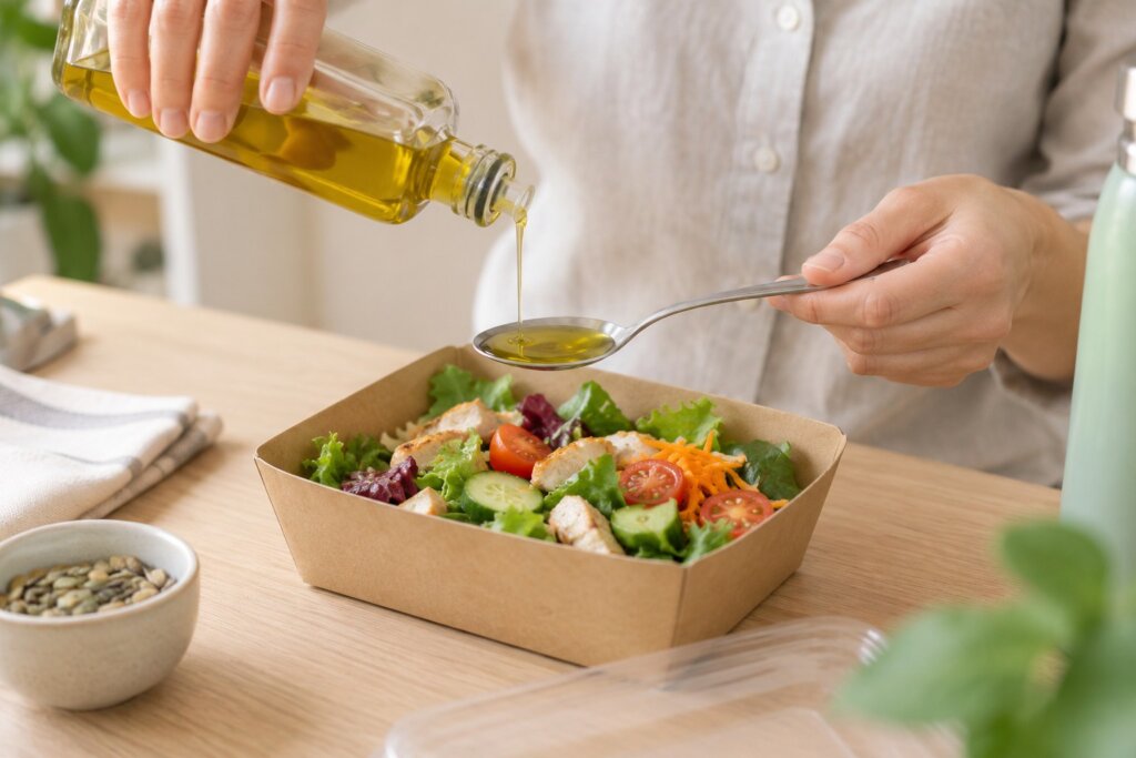 Huile de vinaigrette pesée sur une balance de cuisine, à côté d’une salade à emporter et d’un petit pot de sauce