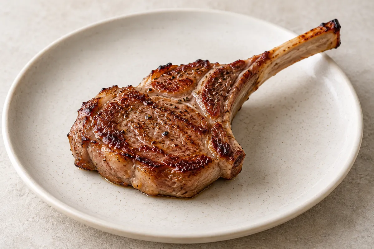 Agneau côte ou côtelette grillée/poêlée sur un fond de lin clair.