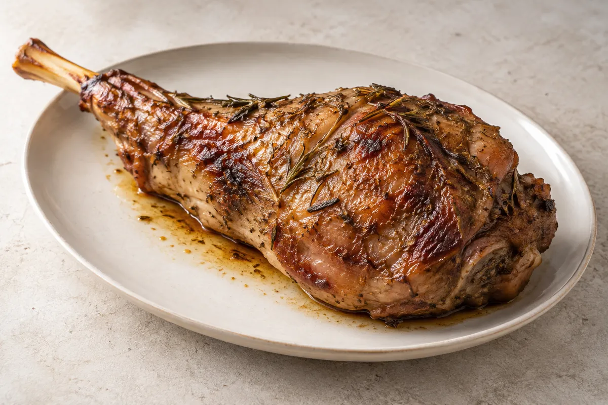 Agneau gigot braisé sur un fond de lin clair.