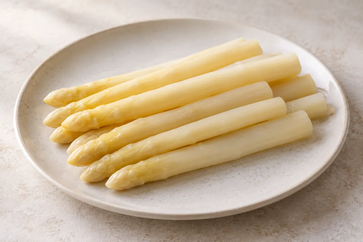Asperge appertisée égouttée sur un fond de lin clair.