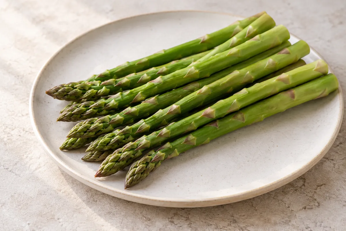 Asperge verte crue sur un fond de lin clair.