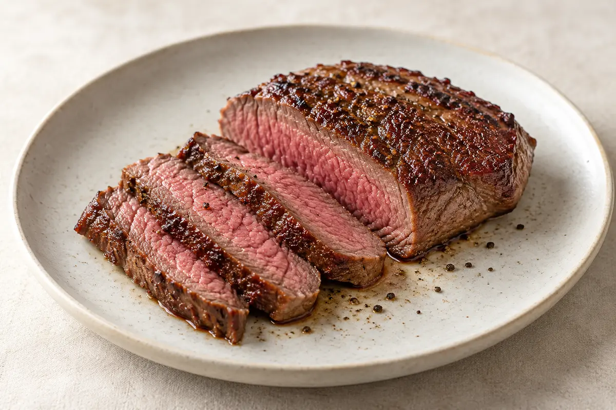 Autruche viande cuite sur un fond de lin clair.