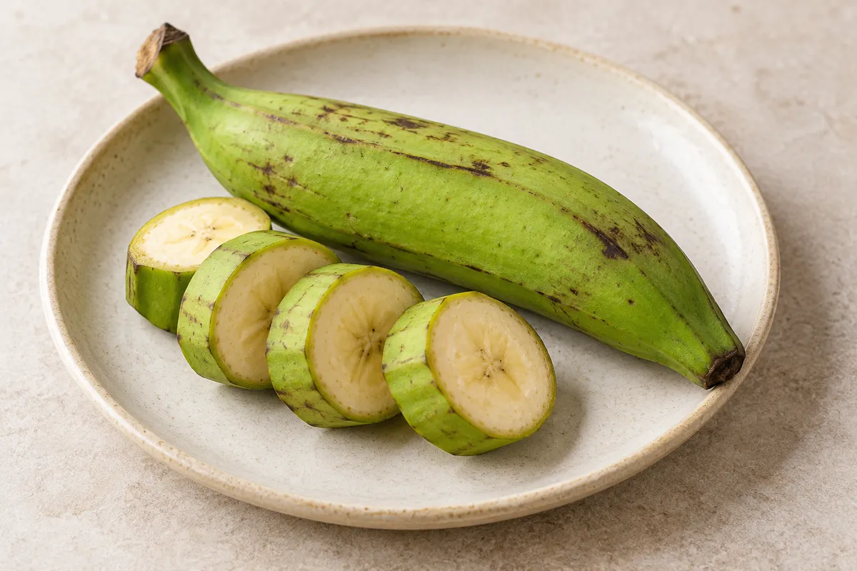 Banane plantain crue sur un fond de lin clair.