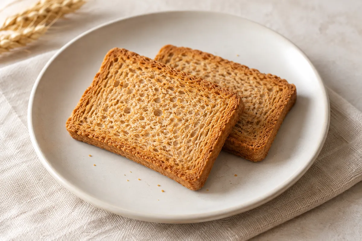 Biscotte au blé complet sur un fond de lin clair.