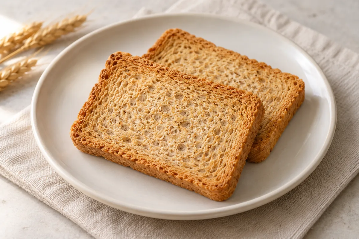Biscotte au germe de blé sur un fond de lin clair.