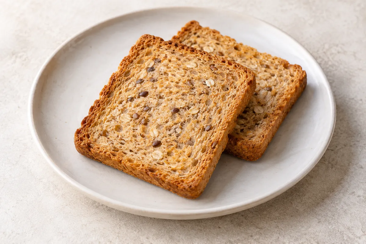 Biscotte aux céréales sur un fond de lin clair.