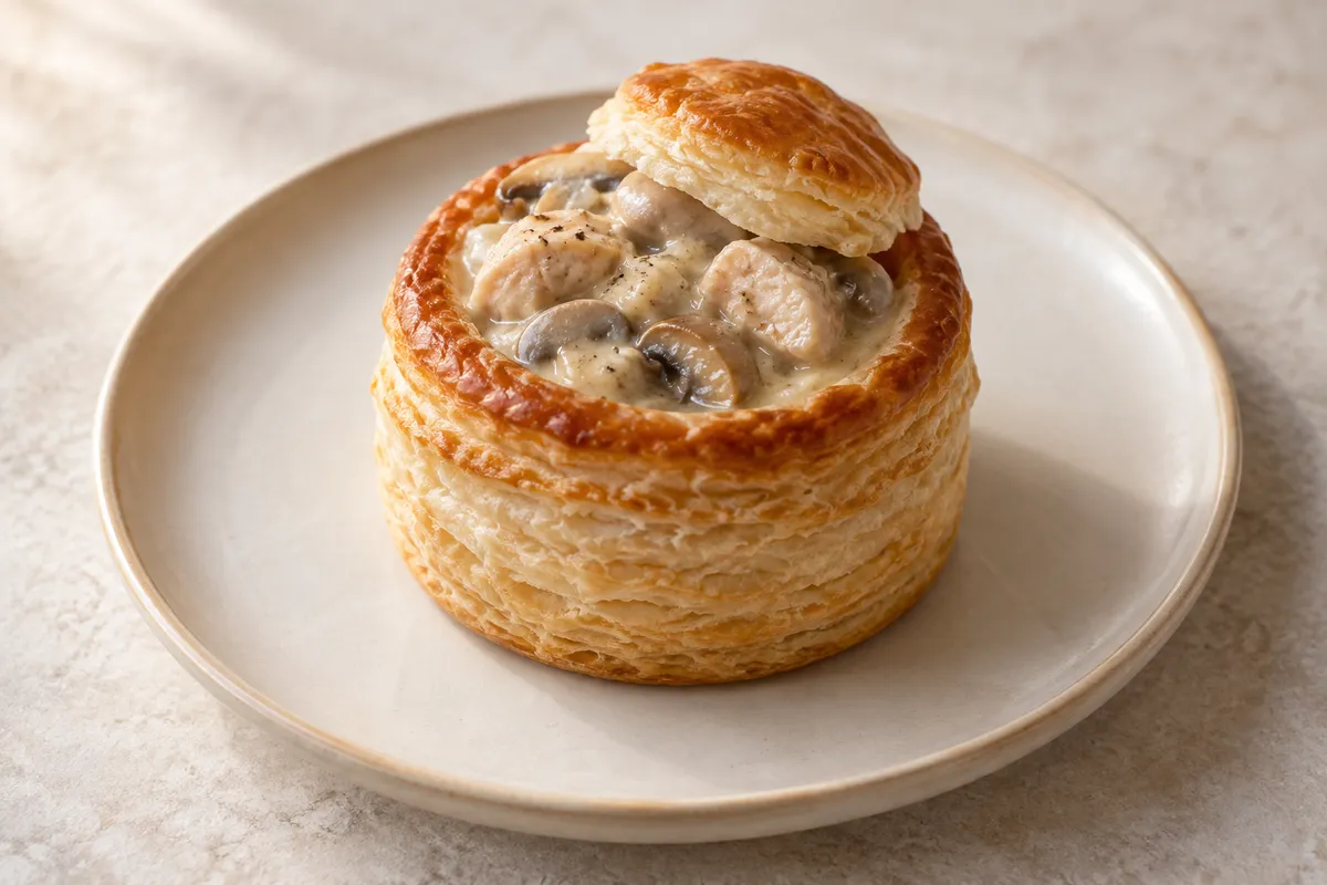 Bouchée à la reine garnie sur un fond de lin clair.