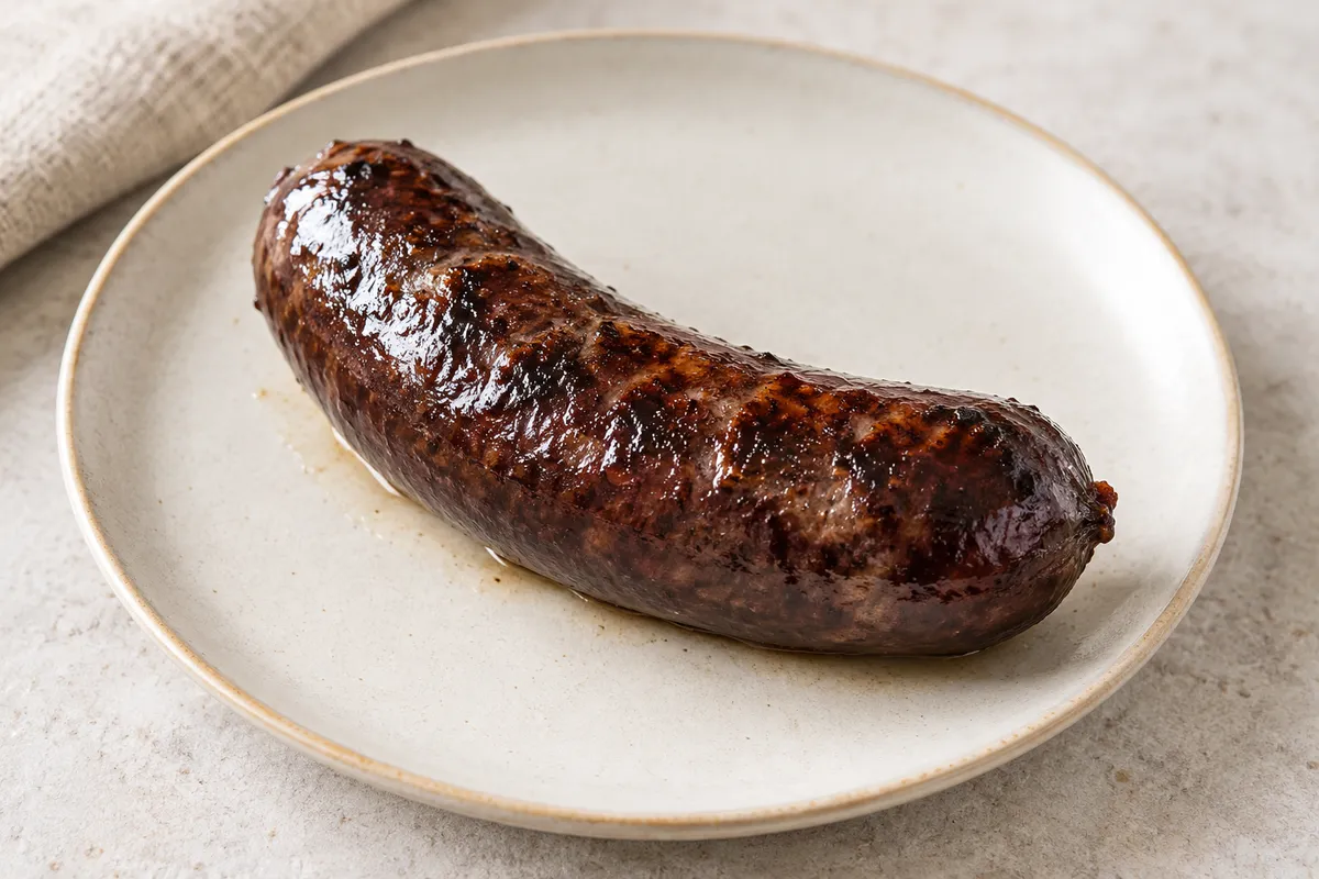 Boudin grillé/poêlé sur un fond de lin clair.