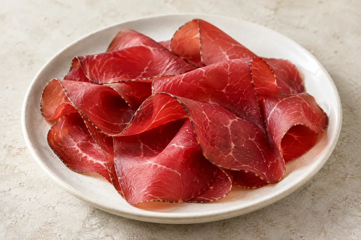 Bresaola sur un fond de lin clair.