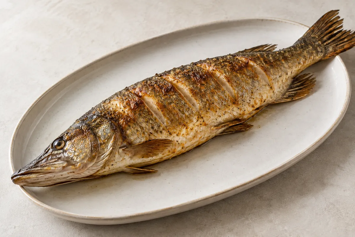 Brochet rôti/cuit au four sur un fond de lin clair.