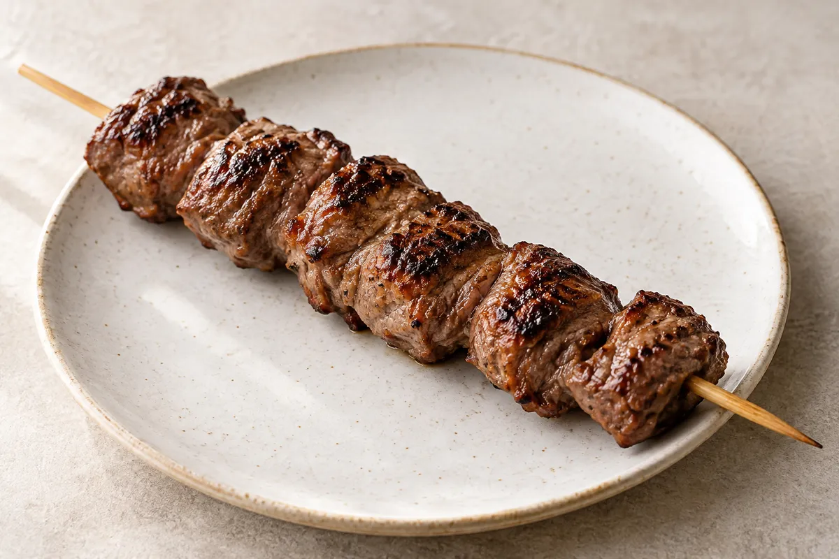 Brochette de boeuf cuite sur un fond de lin clair.