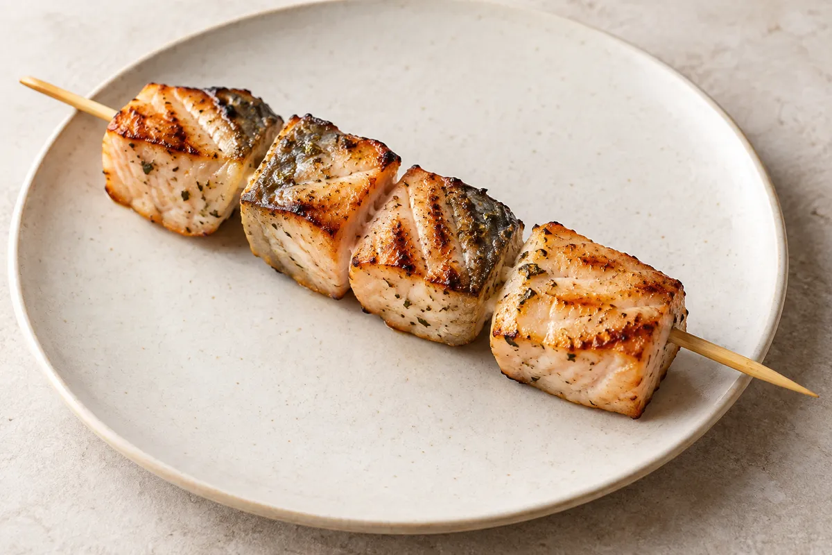 Brochette de poisson sur un fond de lin clair.