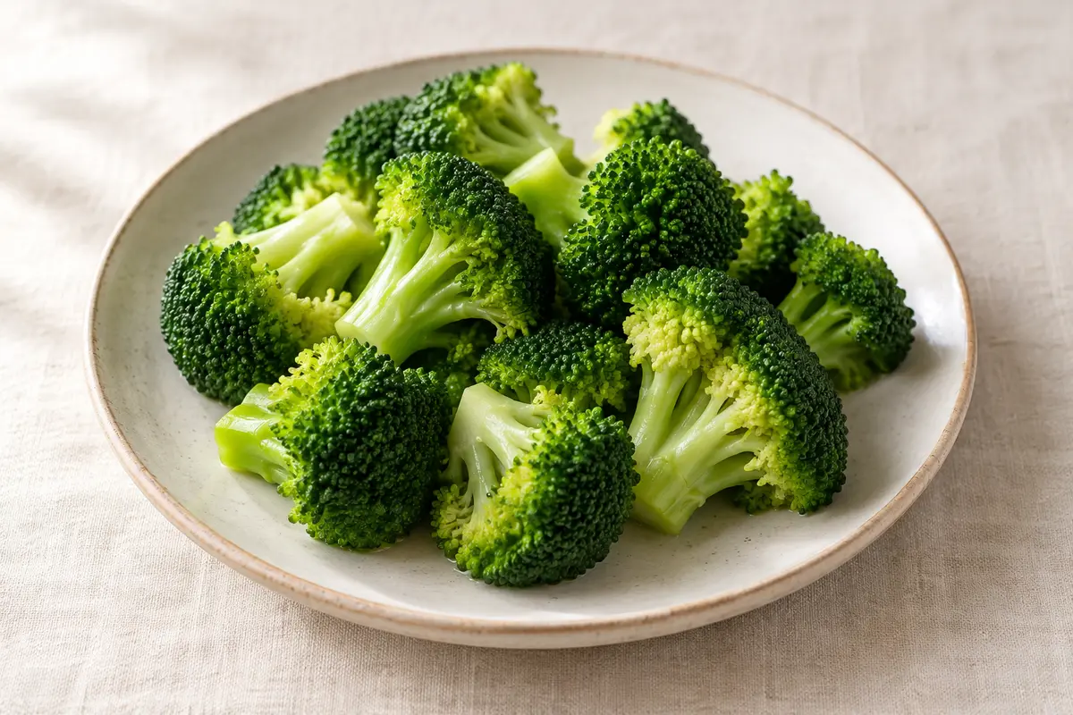 Brocoli bouilli/cuit à l'eau sur un fond de lin clair.