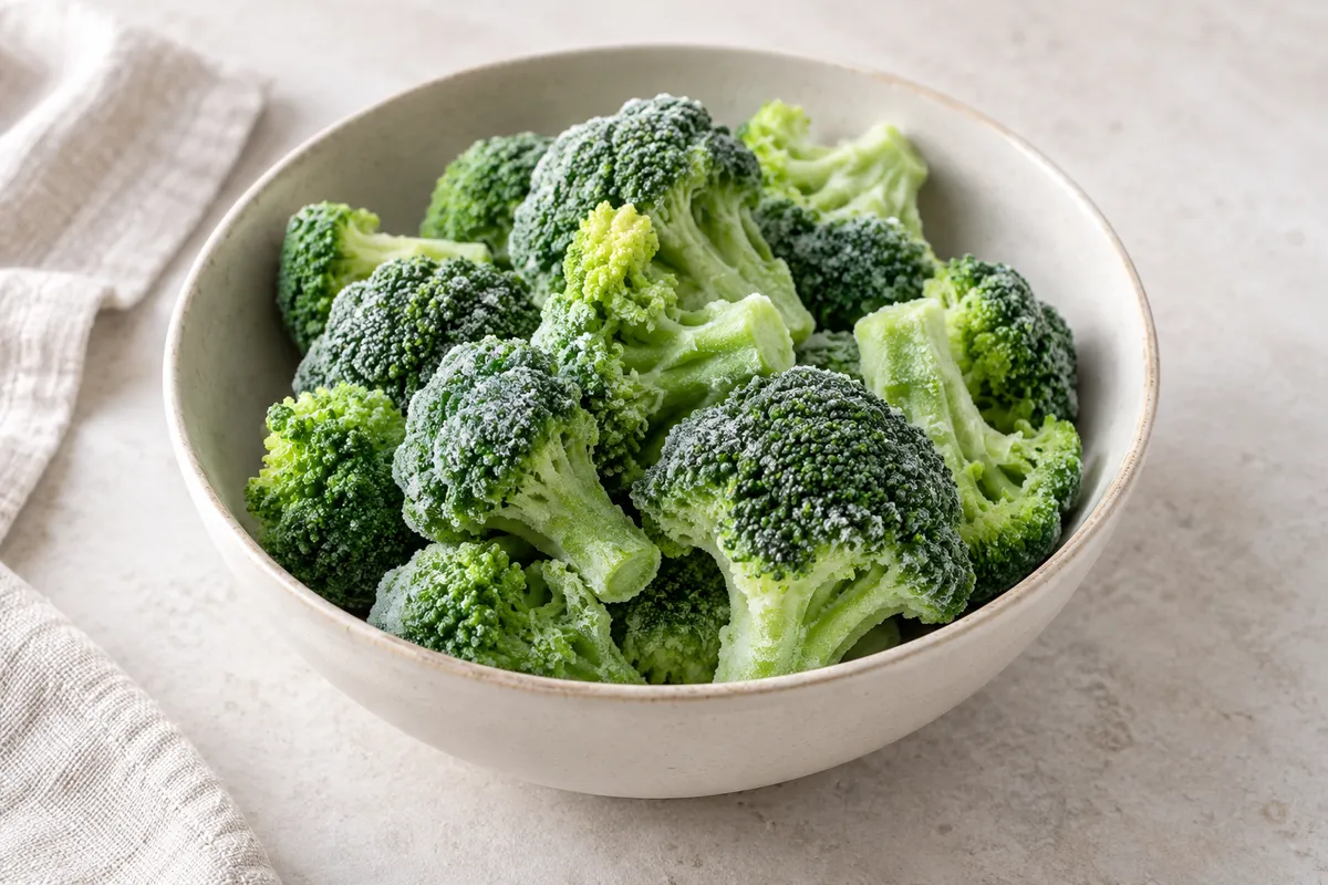 Brocoli surgelé cru sur un fond de lin clair.