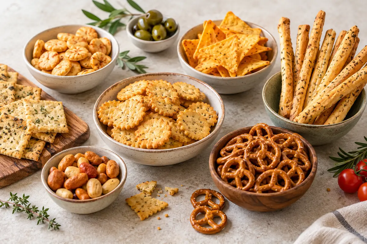 Assortiment de biscuits apéritifs sur un fond de lin clair.