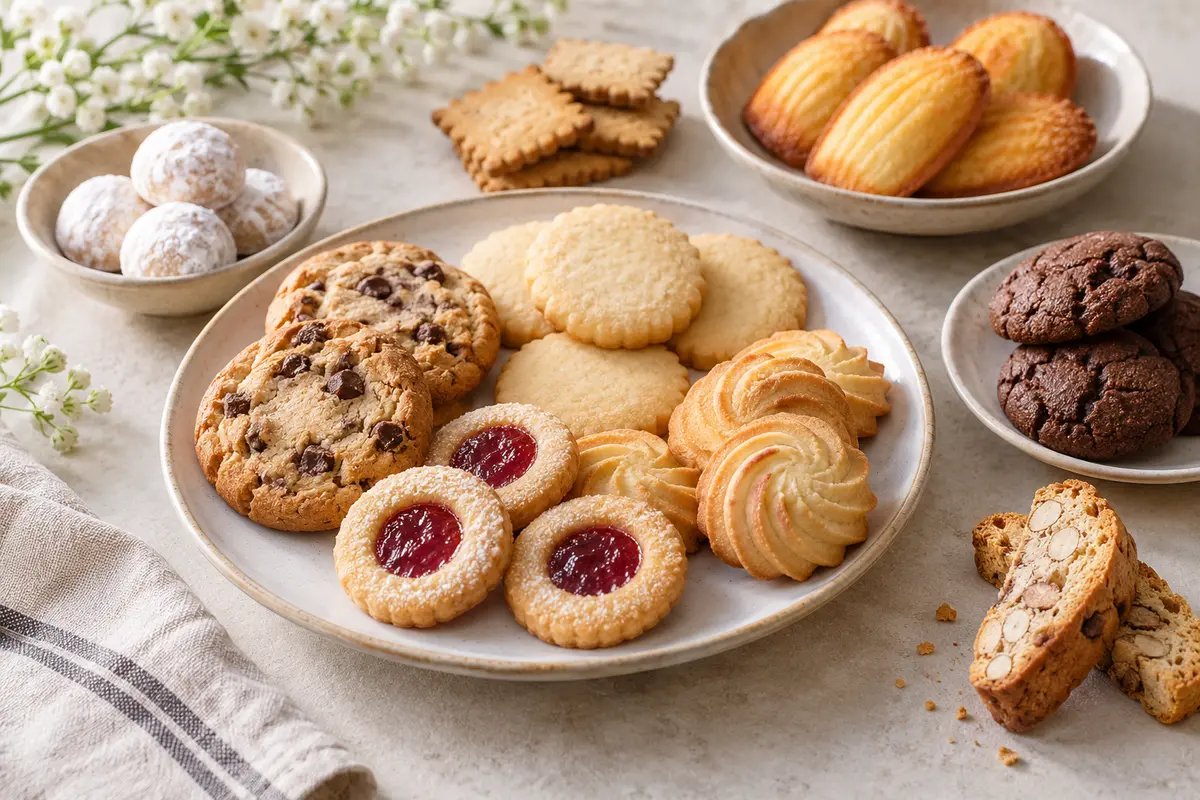 Assortiment de biscuits sucrés sur un fond de lin clair.