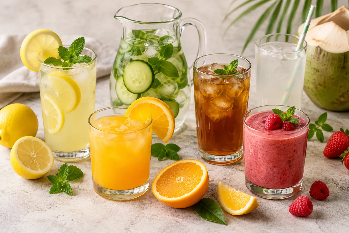 Assortiment de boissons rafraîchissantes sans alcool sur un fond de lin clair.