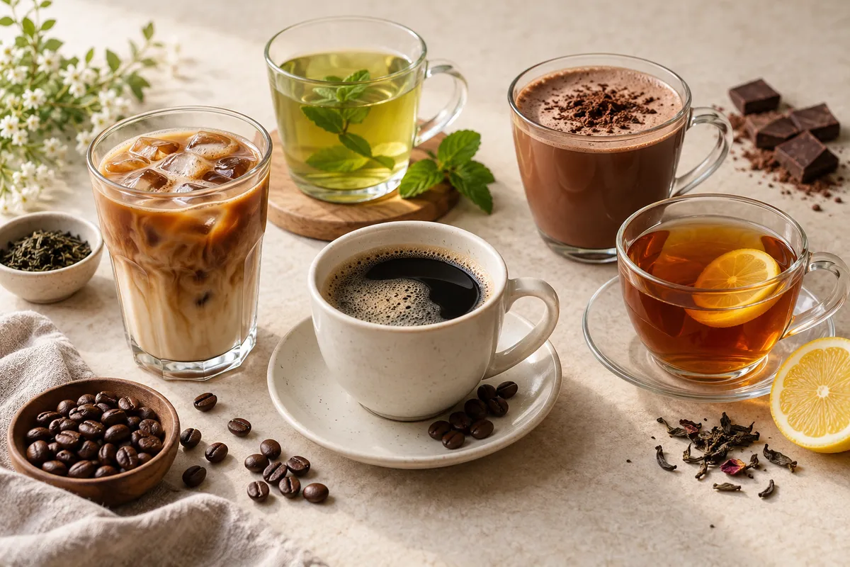 Assortiment de cafés, thés et cacaos prêts à boire sur un fond de lin clair.