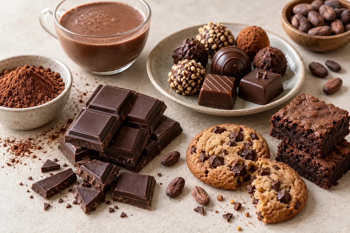 Assortiment de chocolats et produits chocolatés sur un fond de lin clair.