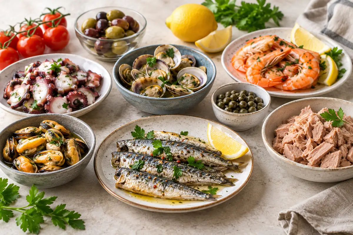 Assortiment de conserves et produits de la mer sur un fond de lin clair.