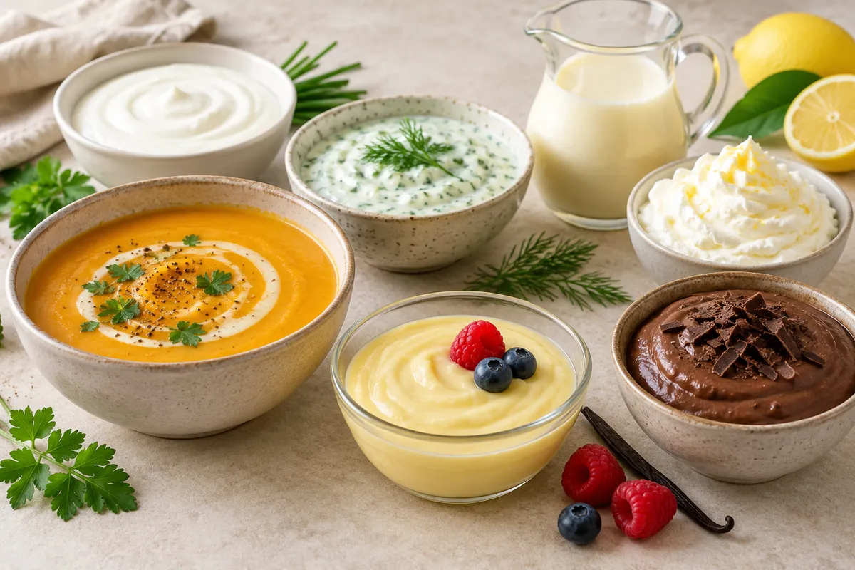 Assortiment de crèmes sur un fond de lin clair.