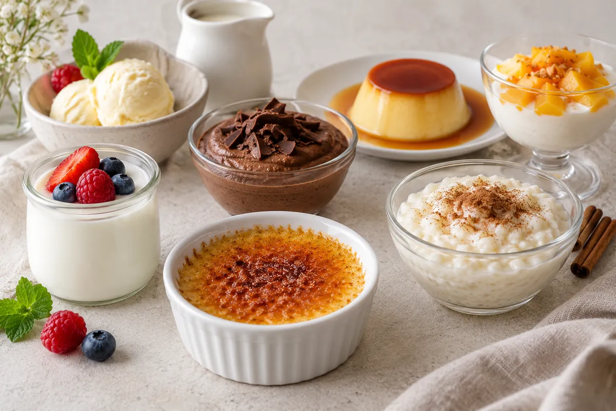 Assortiment de desserts lactés sur un fond de lin clair.