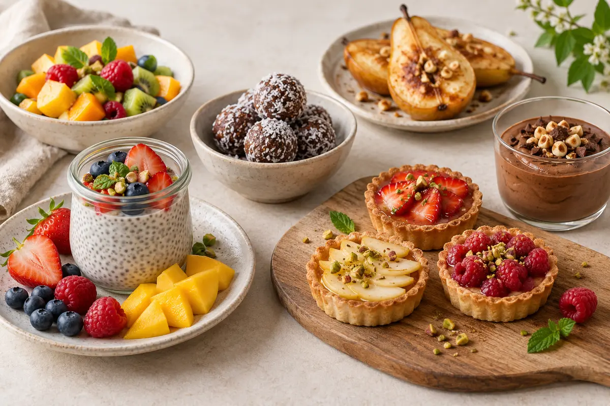 Assortiment de desserts végétaux sur un fond de lin clair.