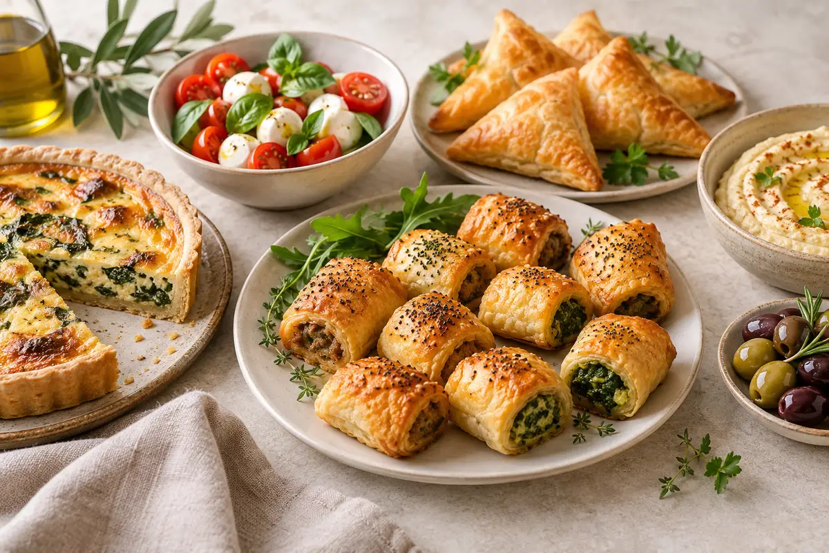 Assortiment de feuilletés et entrées sur un fond de lin clair.