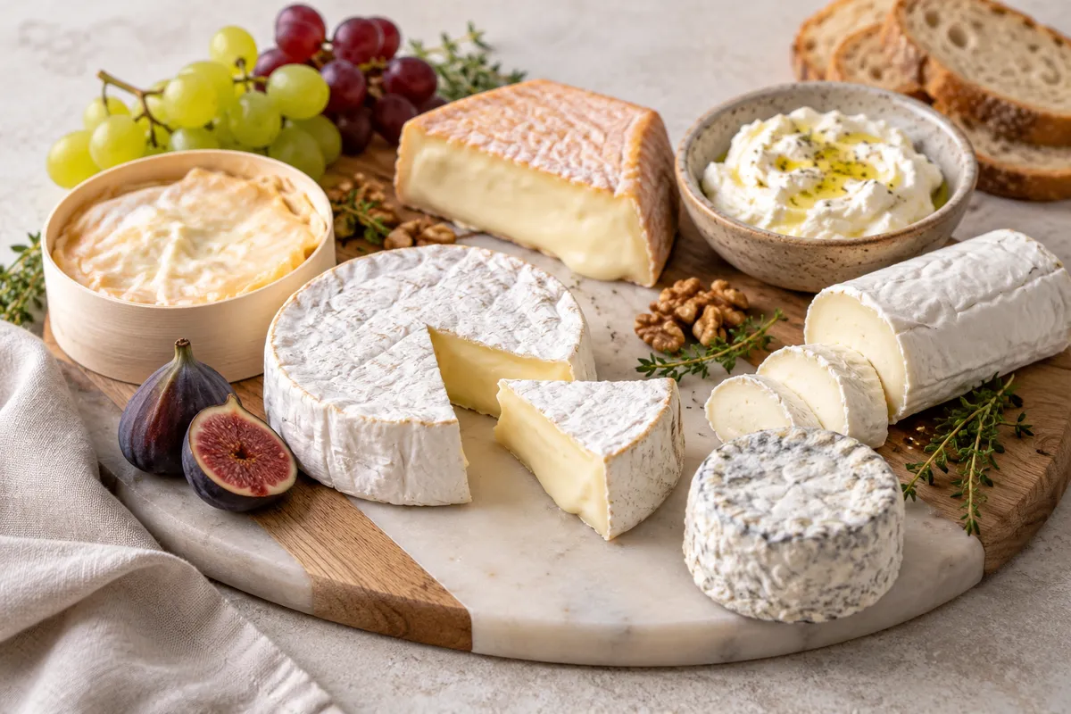 Assortiment de fromages à pâte molle sur un fond de lin clair.