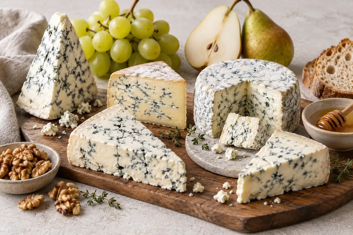 Assortiment de fromages à pâte persillée sur un fond de lin clair.