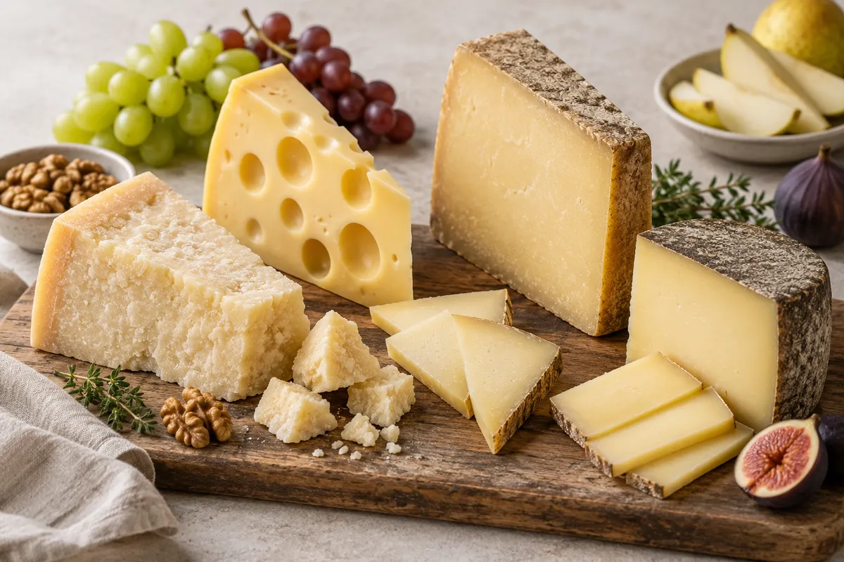 Assortiment de fromages à pâte pressée ou dure sur un fond de lin clair.