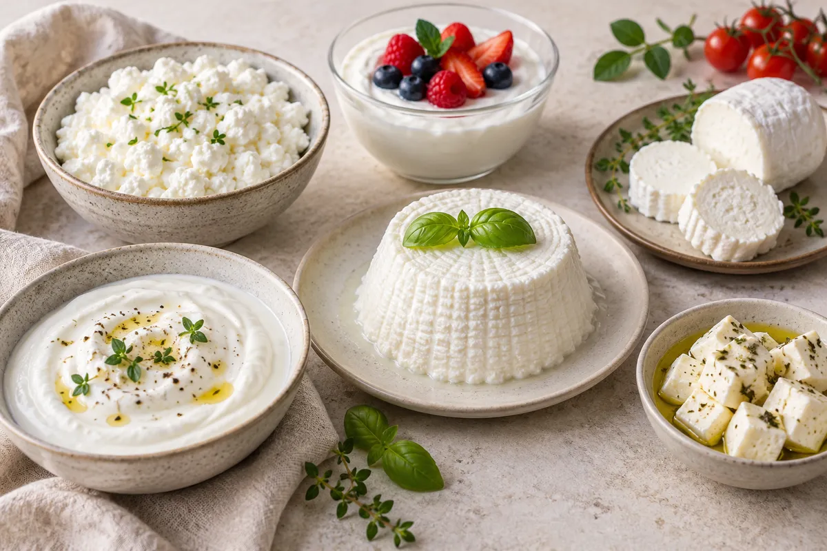 Assortiment de fromages blancs sur un fond de lin clair.