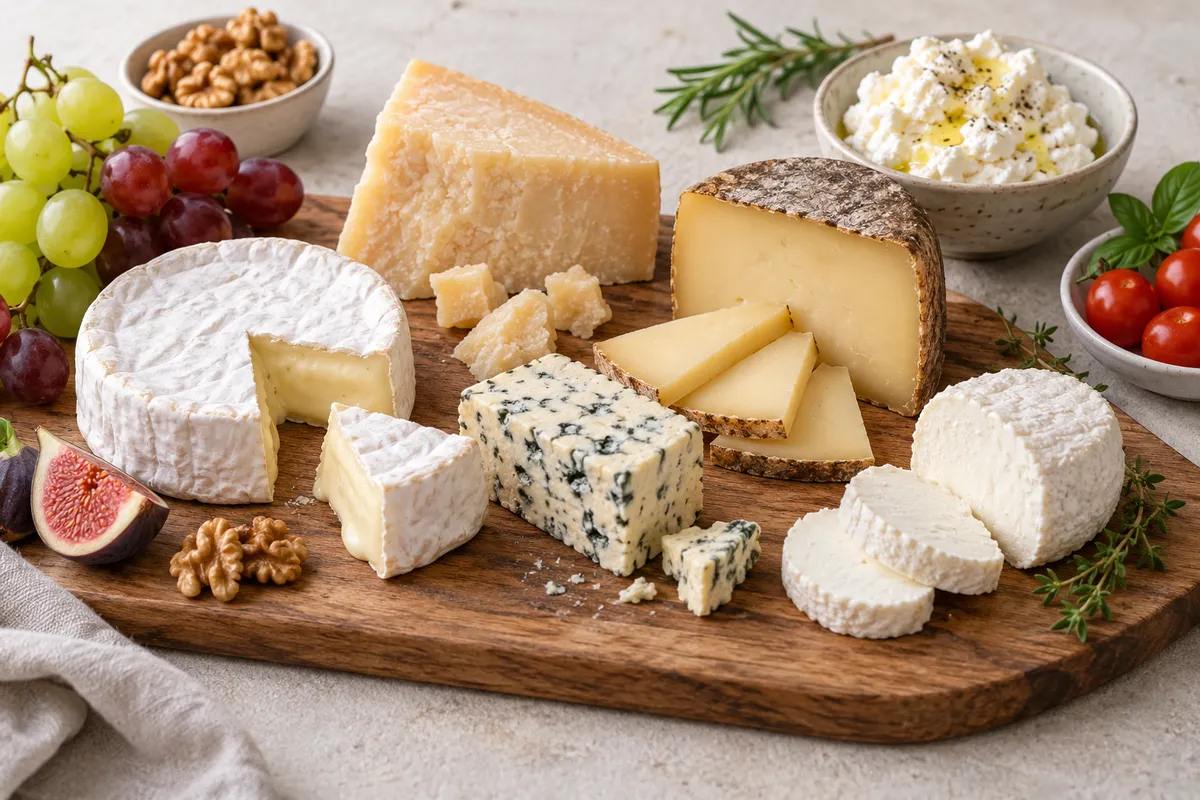 Assortiment de fromages sur un fond de lin clair.