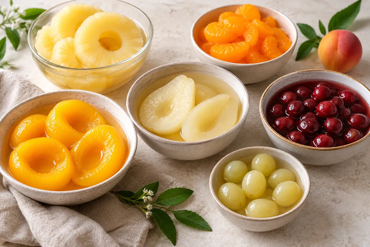 Assortiment de fruits appertisés sur un fond de lin clair.