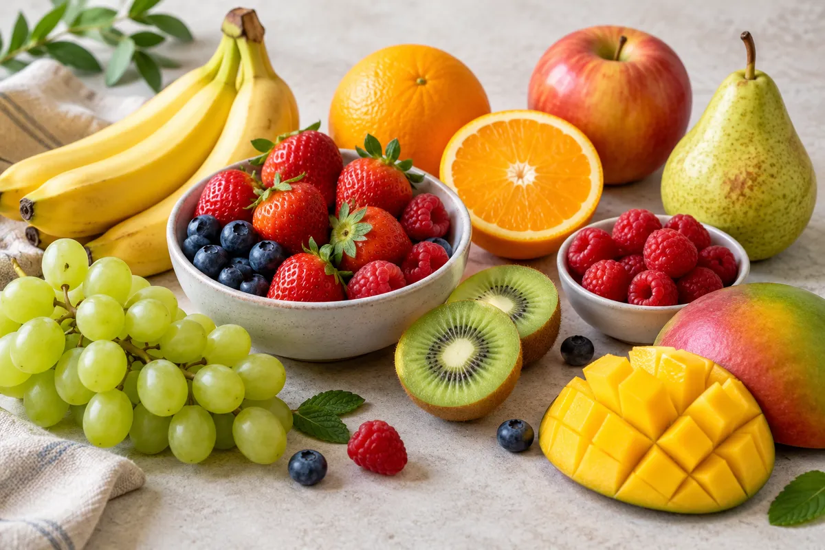 Assortiment de fruits crus sur un fond de lin clair.