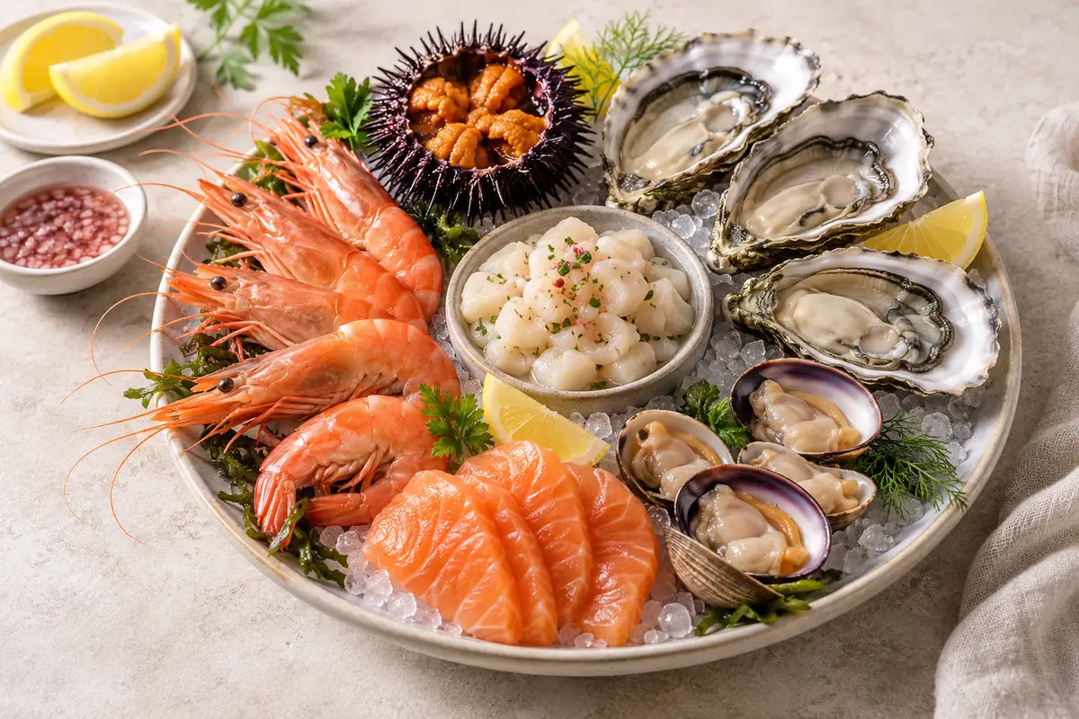 Assortiment de fruits de mer crus sur un fond de lin clair.