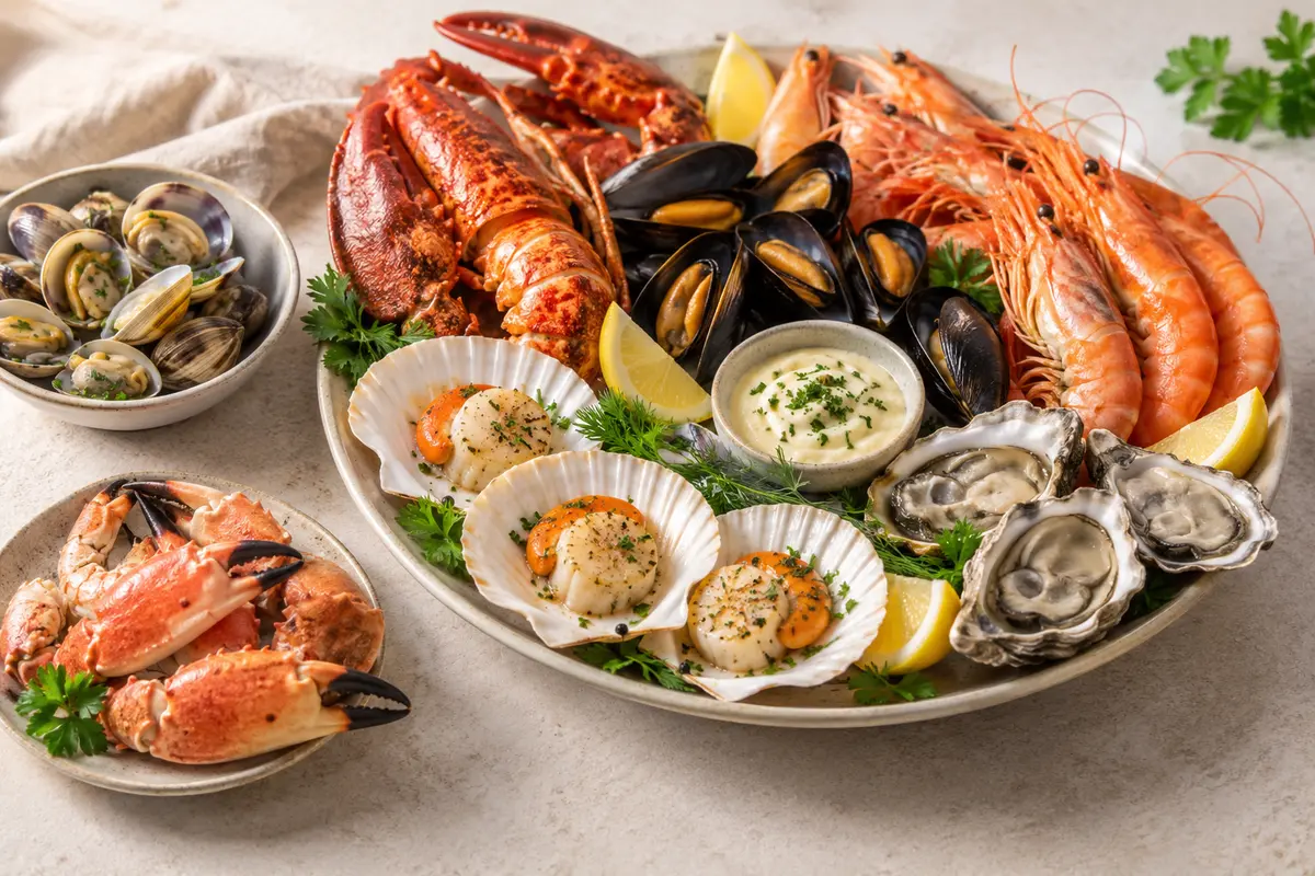 Assortiment de fruits de mer cuits sur un fond de lin clair.