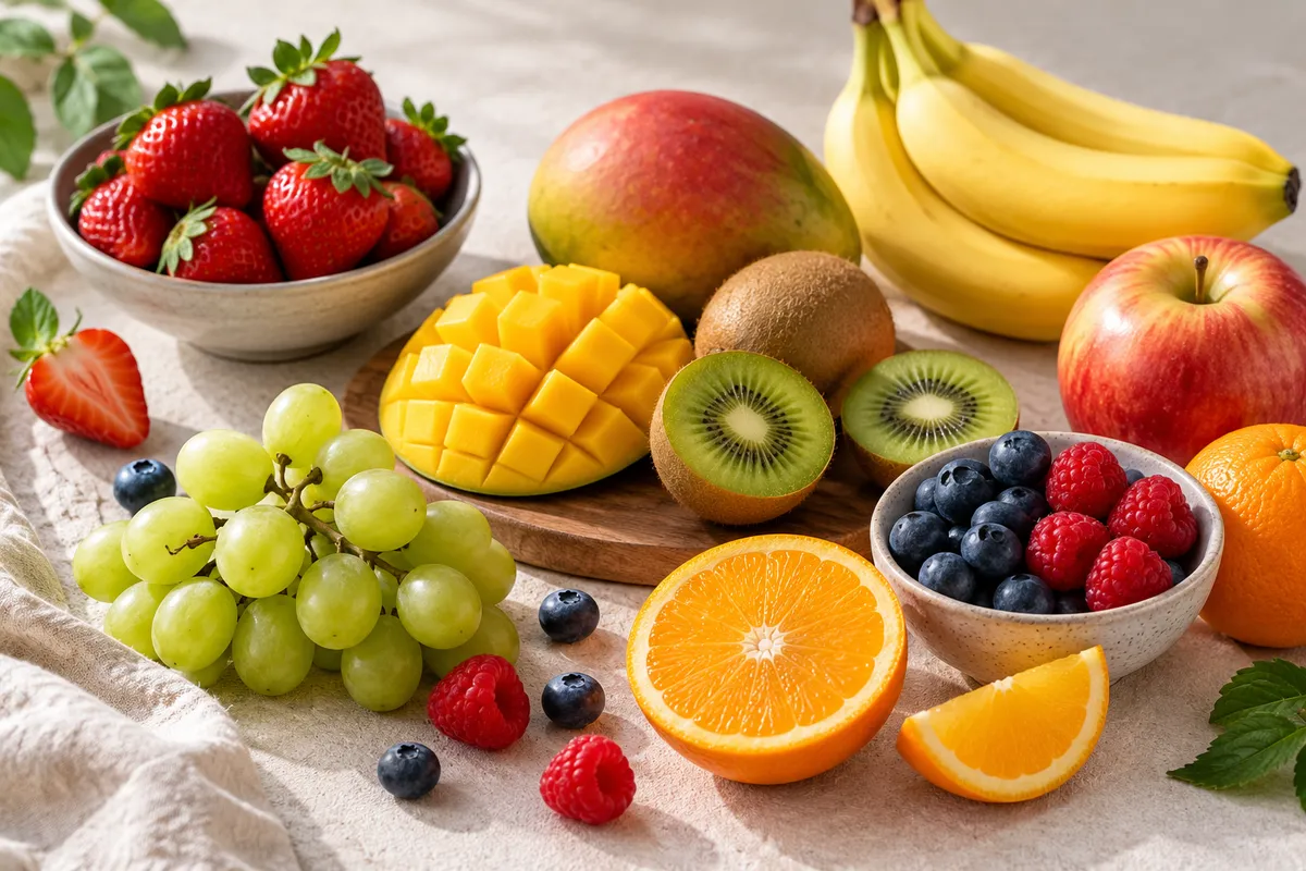 Assortiment de fruits sur un fond de lin clair.