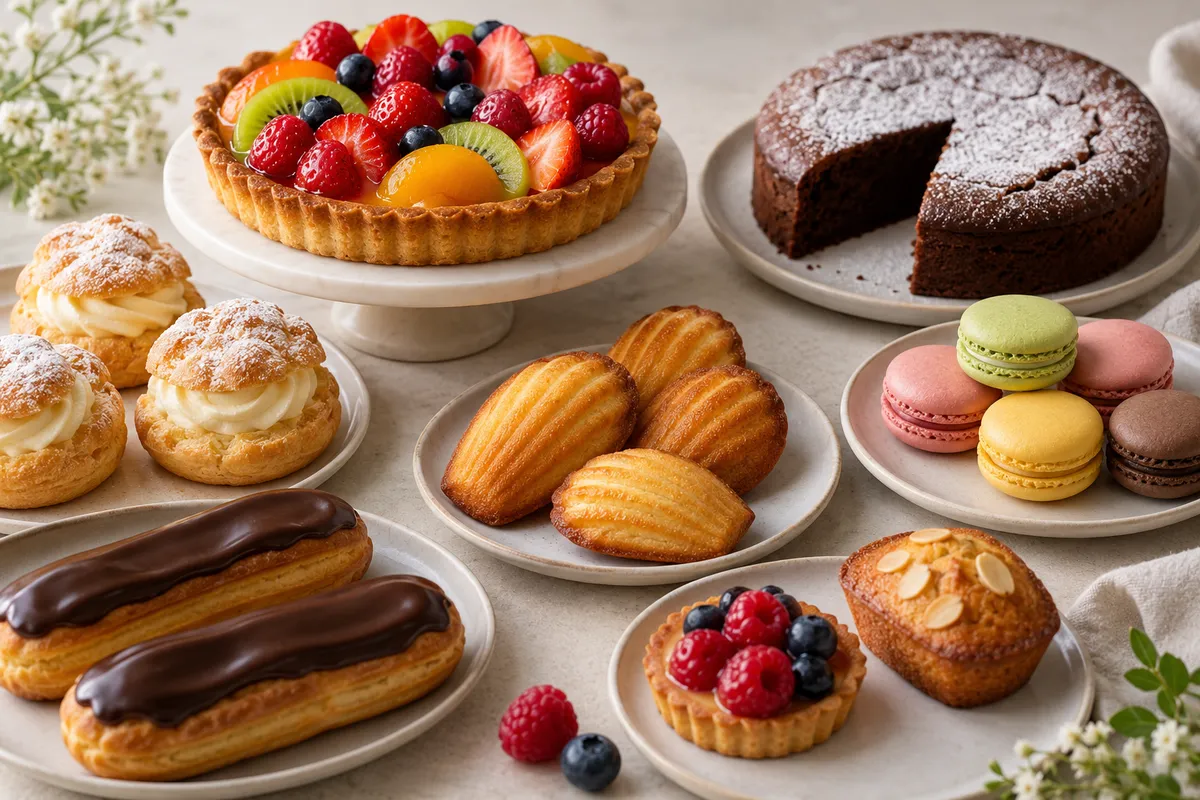 Assortiment de gâteaux et pâtisseries sur un fond de lin clair.