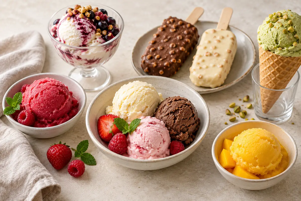 Assortiment de glaces sur un fond de lin clair.