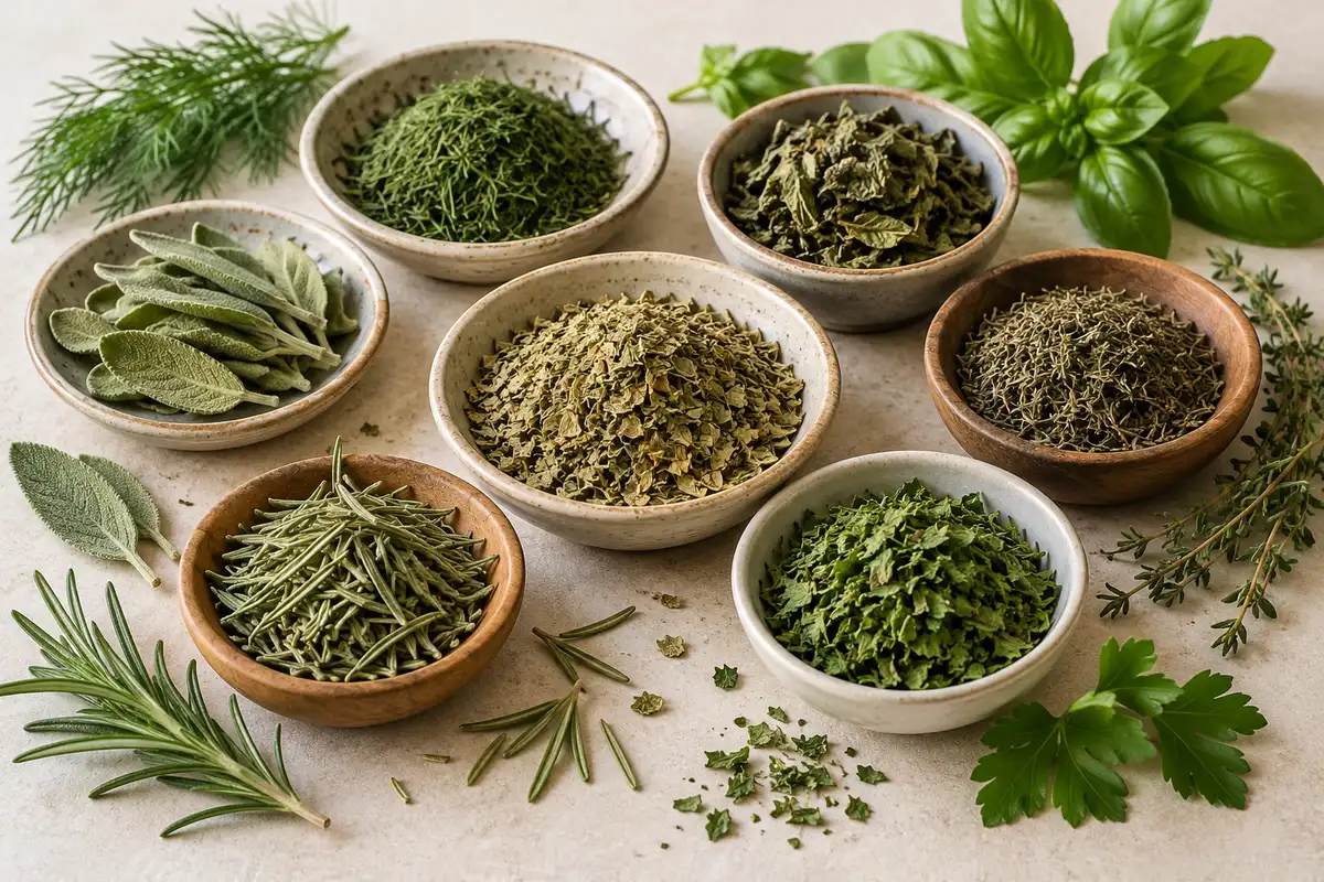 Assortiment d'herbes séchées sur un fond de lin clair.