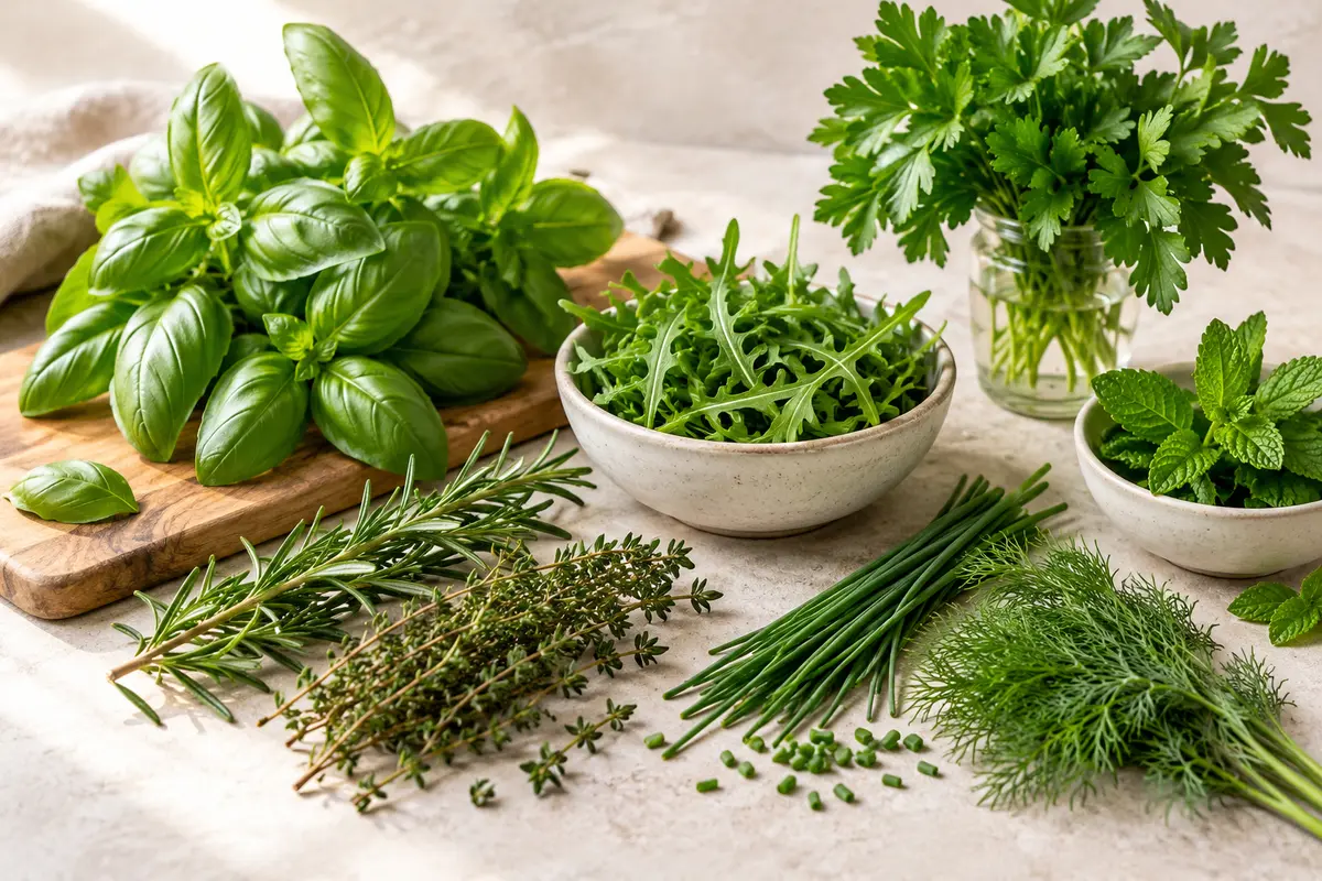 Assortiment d'herbes sur un fond de lin clair.