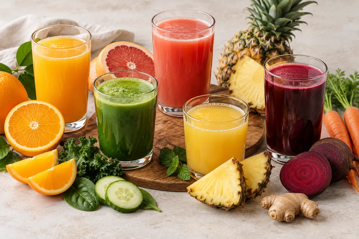 Assortiment de jus sur un fond de lin clair.