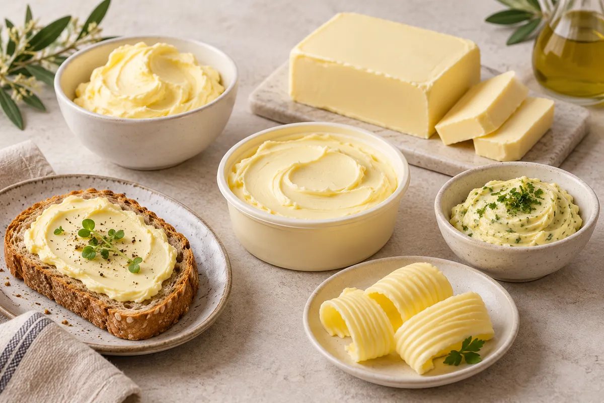 Assortiment de margarines sur un fond de lin clair.