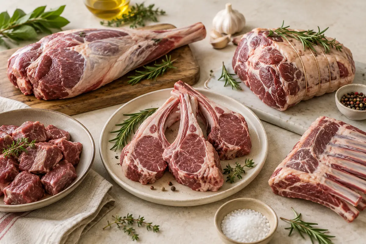 Assortiment de morceaux de agneau et de mouton crus sur un fond de lin clair.