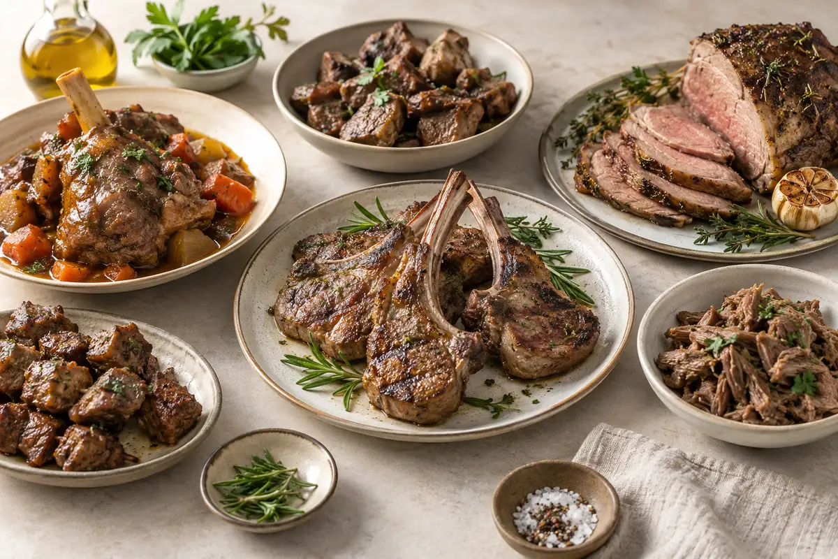 Assortiment de morceaux de agneau et de mouton cuits sur un fond de lin clair.