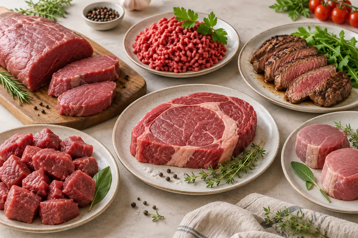 Assortiment de morceaux de boeuf et de veau crus sur un fond de lin clair.