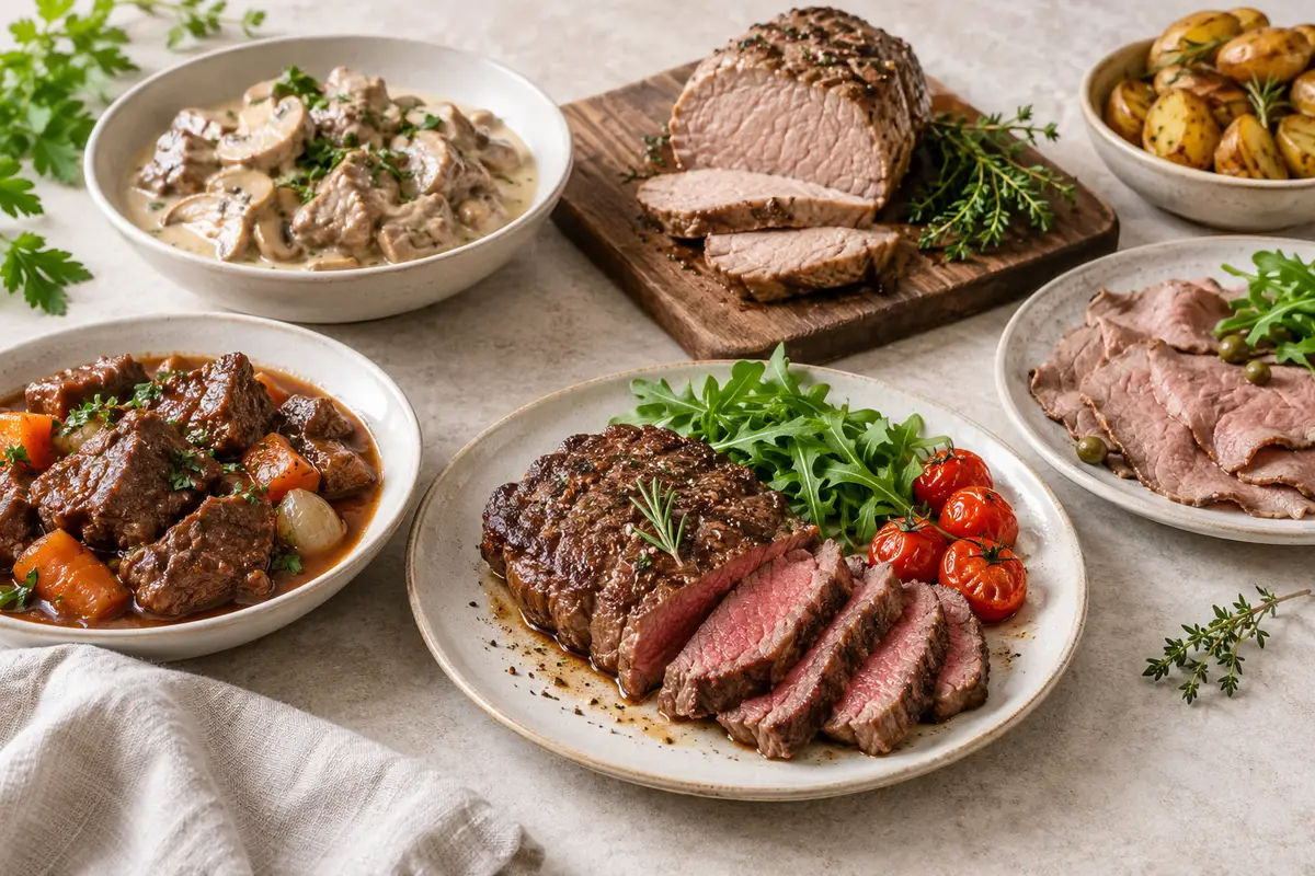 Assortiment de morceaux de boeuf et de veau cuits sur un fond de lin clair.