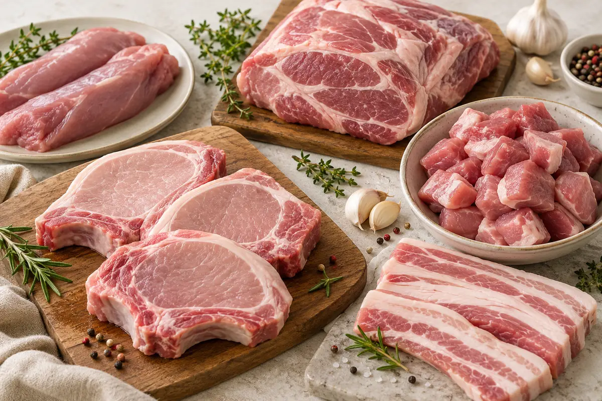 Assortiment de morceaux de porc crus sur un fond de lin clair.